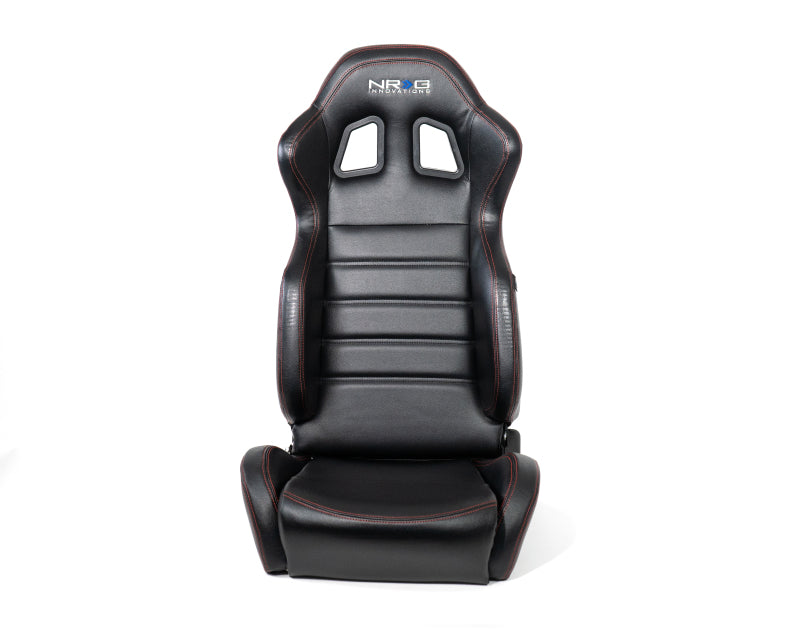 NRG Reclinable Racing Seats (Pair) Black Leather w/NRG Logo Red Stitch