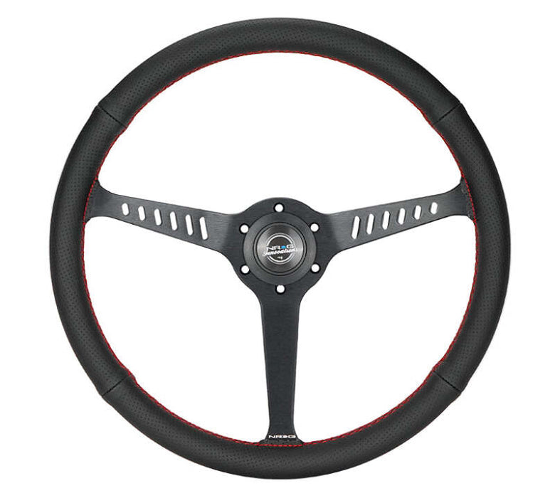NRG Reinforced Stealth Wheel (380mm) 3 Spoke Center - 1in Deep Dish - Perforated Leather Red Stitch
