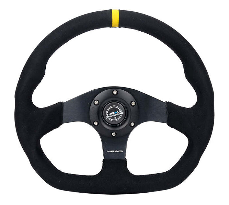NRG Reinforced Steering Wheel (320mm) Sport Alcantara Flat Bottom w/ Yellow Center Mark