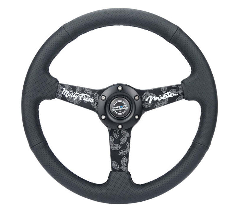 NRG Reinforced Black Perforated Leather Steering Wheel 350mm / 1.5in Deep w/ Goal Digger Blk Stitch