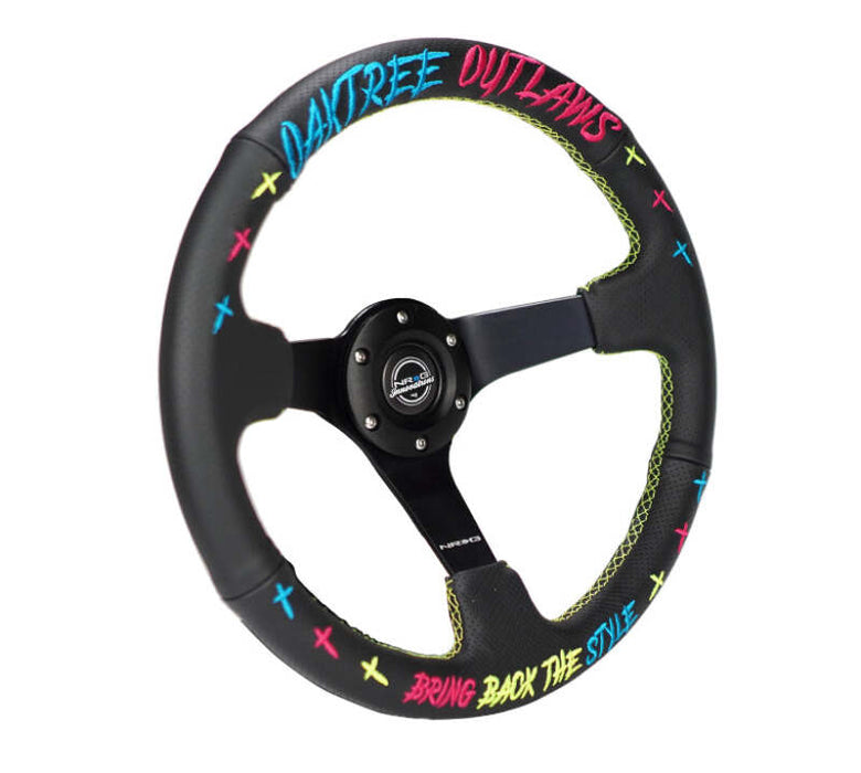 NRG Reinforced Steering Wheel - Oak Tree Outlaws 3in Deep/5mm Blk Spoke 350mm Wheel - Blk Perf Lthr