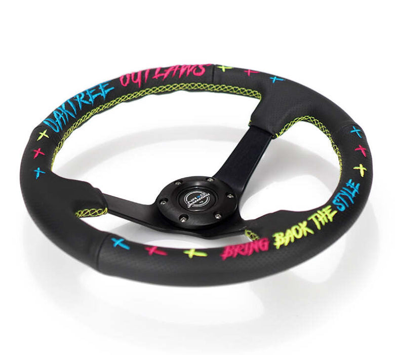 NRG Reinforced Steering Wheel - Oak Tree Outlaws 3in Deep/5mm Blk Spoke 350mm Wheel - Blk Perf Lthr