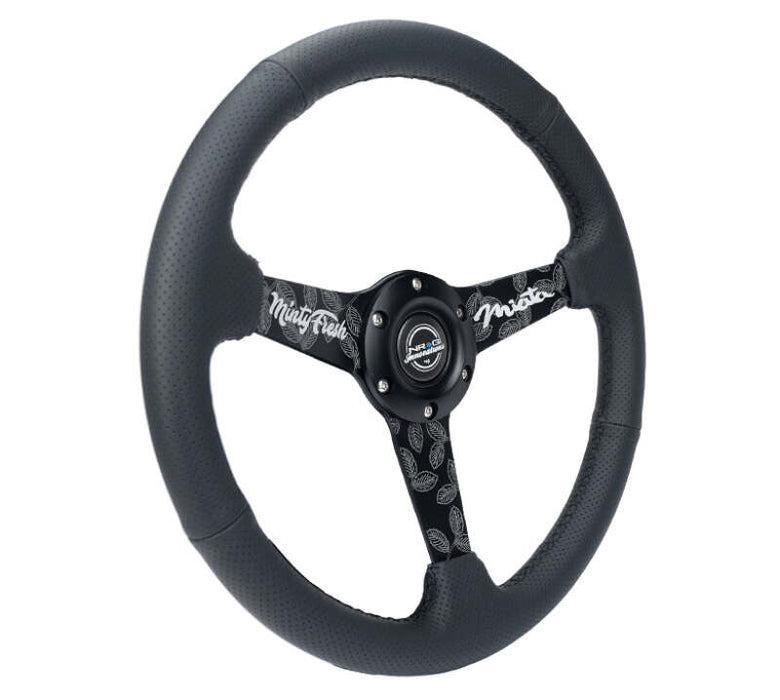 NRG Reinforced Black Perforated Leather Steering Wheel 350mm / 1.5in Deep w/ Goal Digger Blk Stitch