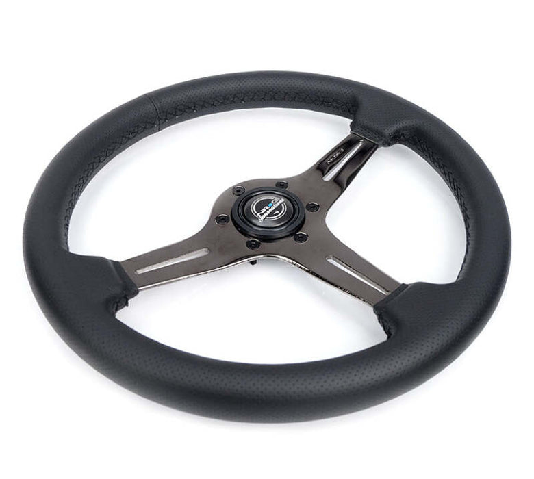 NRG Light Weight Gaming Steering Wheel - 350mm 3 Black Chrome Silver Spokes Perforated Leather