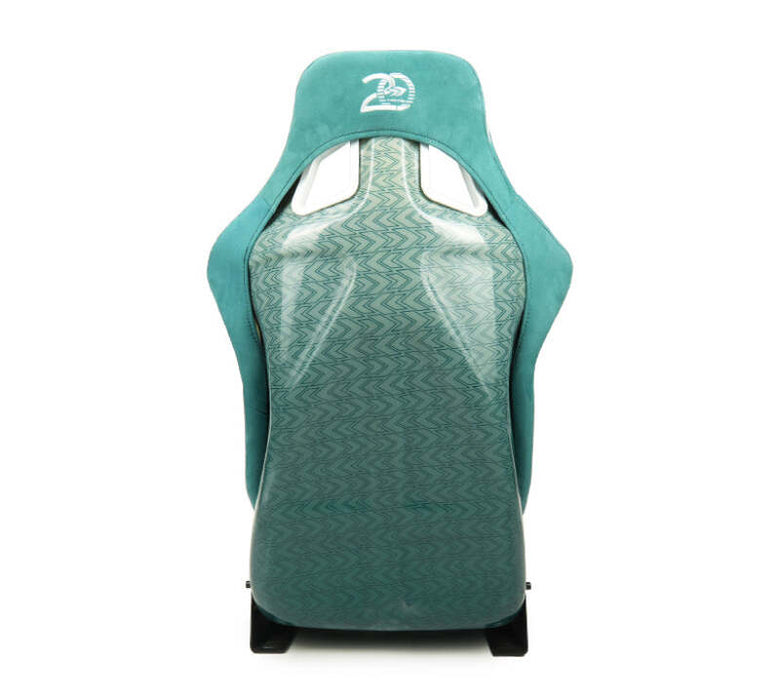 NRG FRP Bucket Seat - 20 Year Anniversary - Microfiber Green w/ White Stripes & Arrow Design - Large