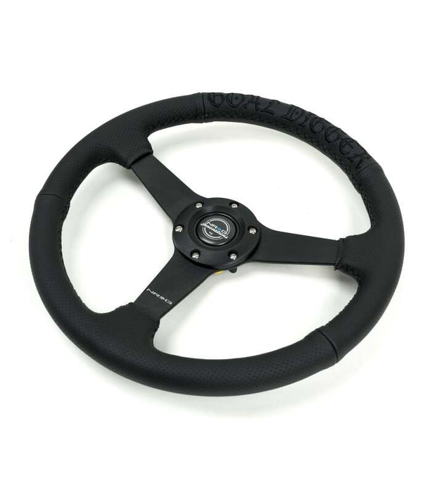 NRG Reinforced Black Perforated Leather Steering Wheel 350mm / 1.5in Deep w/ Goal Digger Blk Stitch