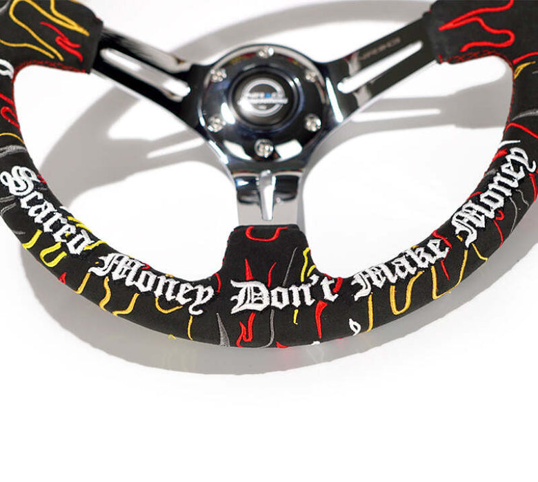 NRG Reinforced Steering Wheel R Litteral Sig 3in Deep/5mm Chrome Spoke - Blk Alcantara w/ Red Stitch