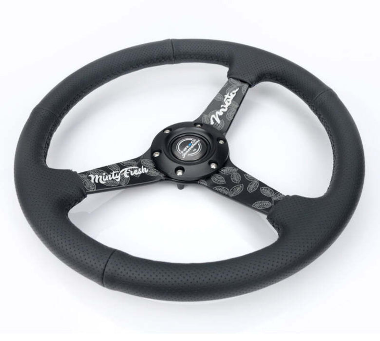 NRG Reinforced Black Perforated Leather Steering Wheel 350mm / 1.5in Deep w/ Goal Digger Blk Stitch