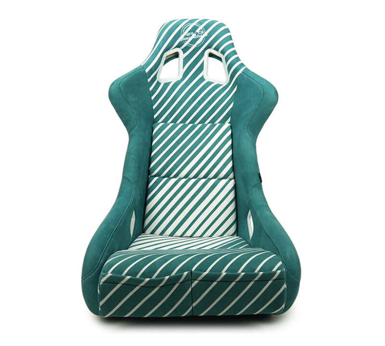 NRG FRP Bucket Seat - 20 Year Anniversary - Microfiber Green w/ White Stripes & Arrow Design - Large