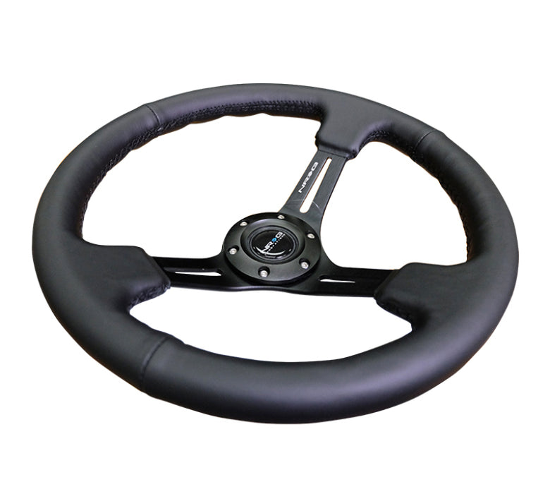 NRG Reinforced Steering Wheel (350mm / 3in. Deep) Blk Leather/Red Stitch w/Neochrome Slits
