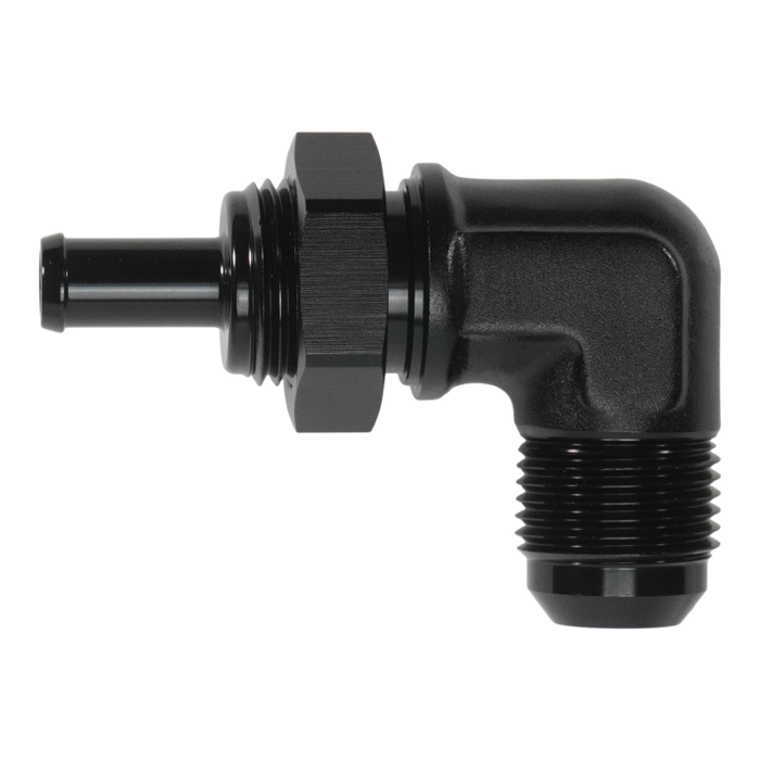 DeatschWerks 10AN Male Flare Bulkhead to 3/8in Hose Barb 90-Degree