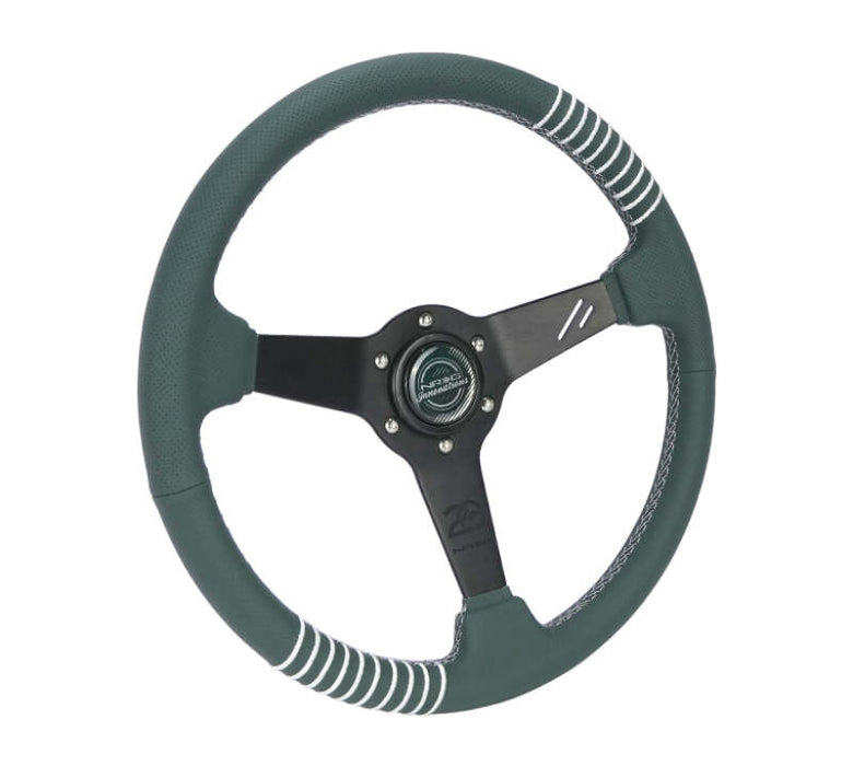 NRG Steering Wheel 1.5in Dish 350mm Black Perforated Leather - Emerald Stitching - Reinforced Spoke