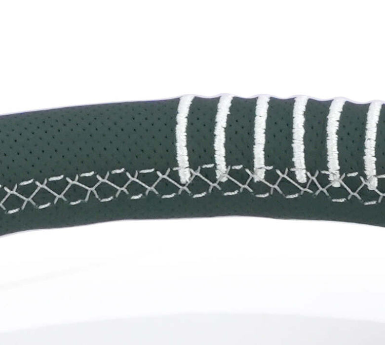 NRG Steering Wheel 1.5in Dish 350mm Black Perforated Leather - Emerald Stitching - Reinforced Spoke