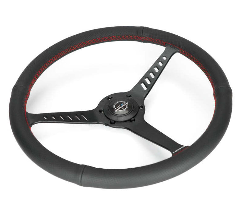 NRG Reinforced Stealth Wheel (380mm) 3 Spoke Center - 1in Deep Dish - Perforated Leather Red Stitch