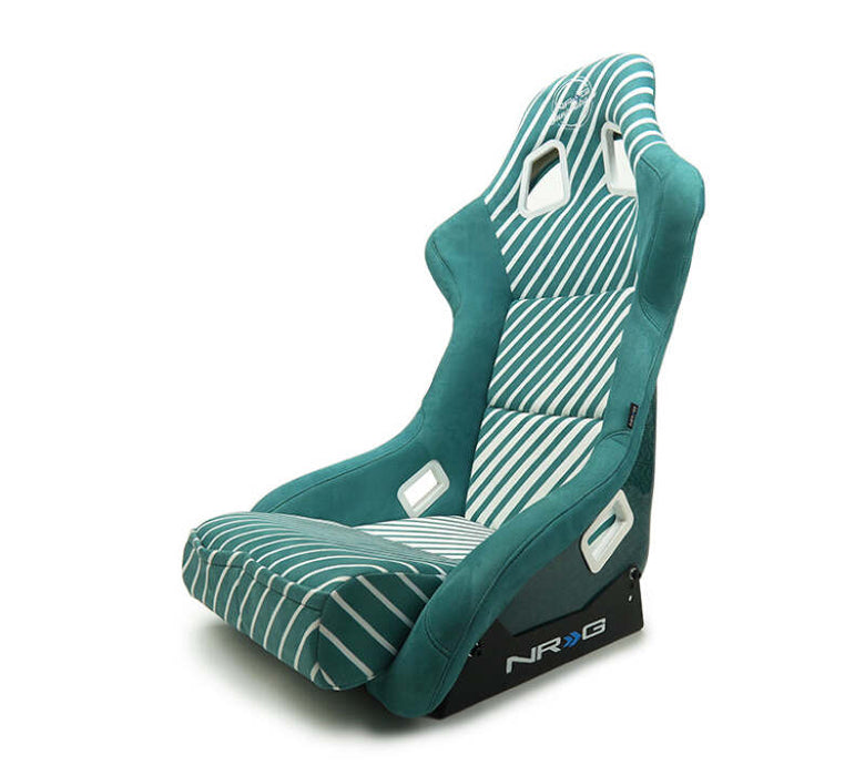 NRG FRP Bucket Seat - 20 Year Anniversary - Microfiber Green w/ White Stripes & Arrow Design - Large