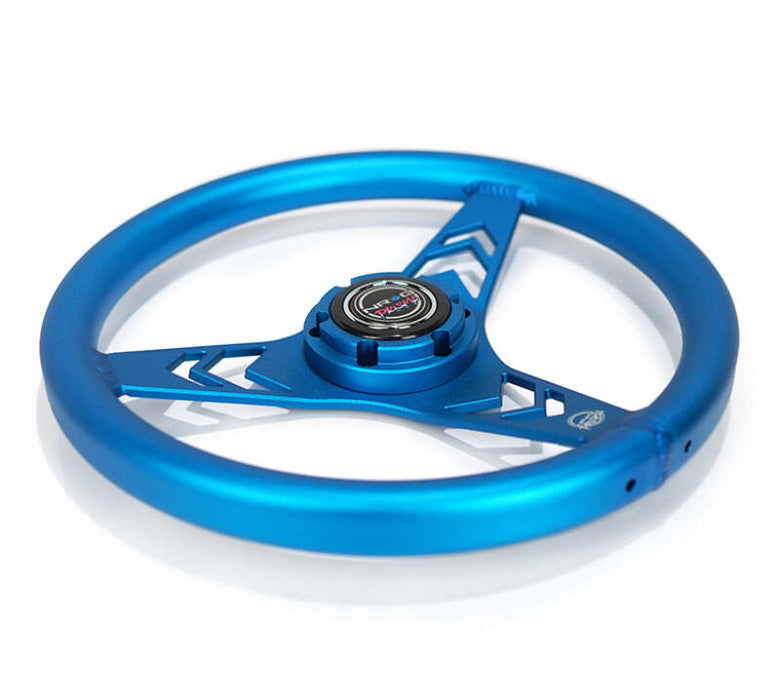 NRG Aluminum Steering Wheel 330mm - Arow Cutout - Ergonomic Grip - Anadized Blue
