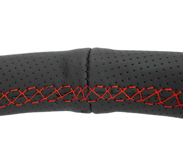 NRG Reinforced Stealth Wheel (380mm) 3 Spoke Center - 1in Deep Dish - Perforated Leather Red Stitch