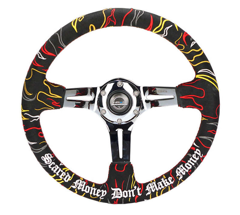 NRG Reinforced Steering Wheel R Litteral Sig 3in Deep/5mm Chrome Spoke - Blk Alcantara w/ Red Stitch