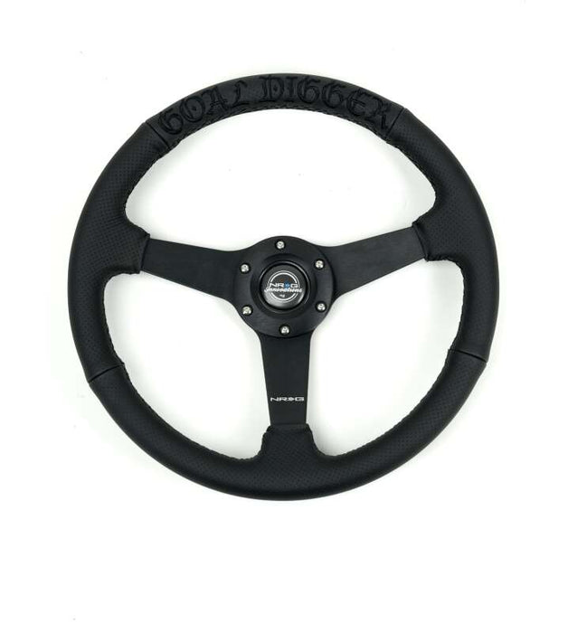 NRG Reinforced Black Perforated Leather Steering Wheel 350mm / 1.5in Deep w/ Goal Digger Blk Stitch