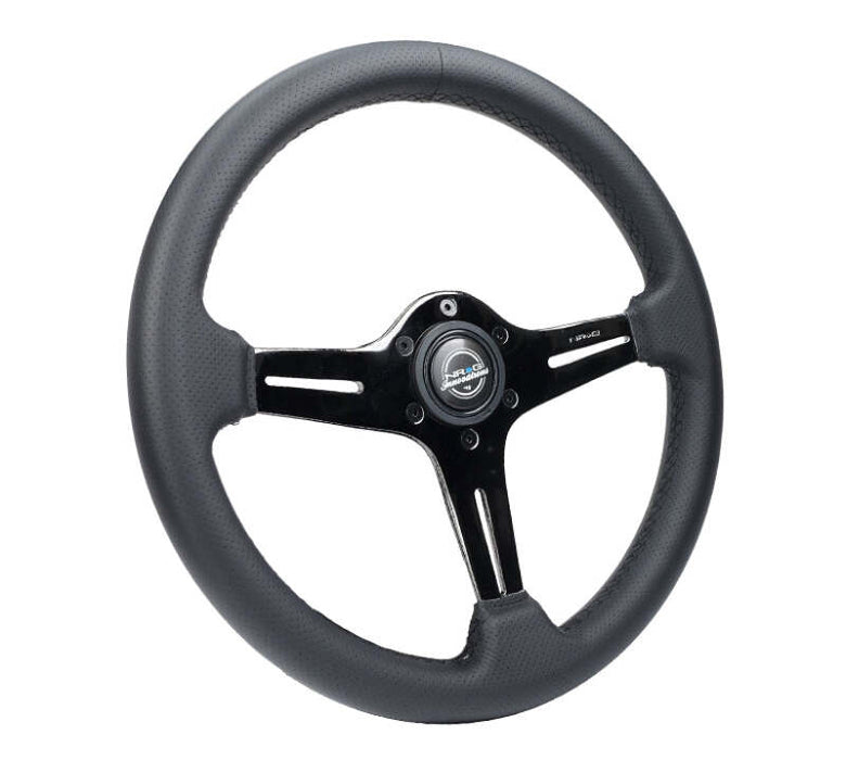 NRG Light Weight Gaming Steering Wheel - 350mm 3 Black Chrome Silver Spokes Perforated Leather