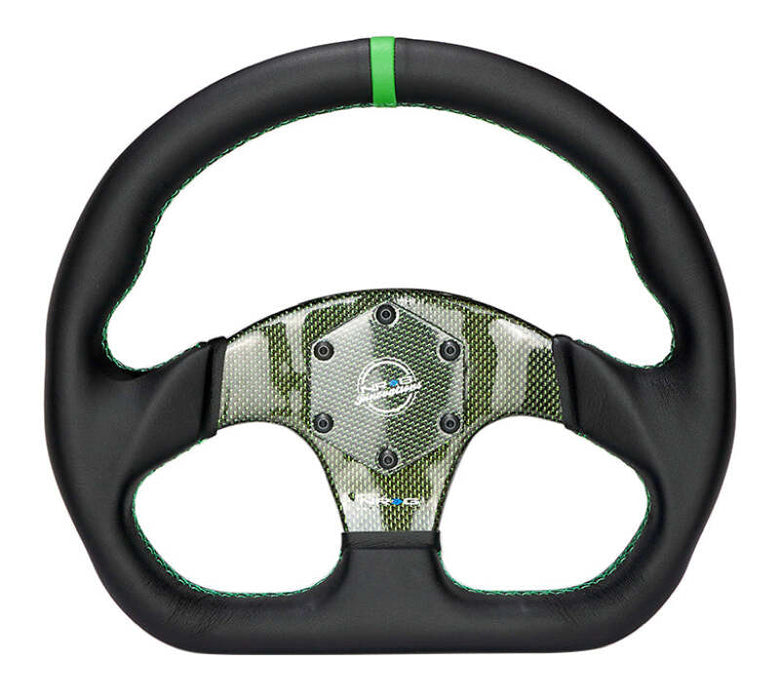 NRG Carbon Fiber Flat Bottom Steering Wheel (320mm) Green CF Center w/Green Stitch/Center Mark