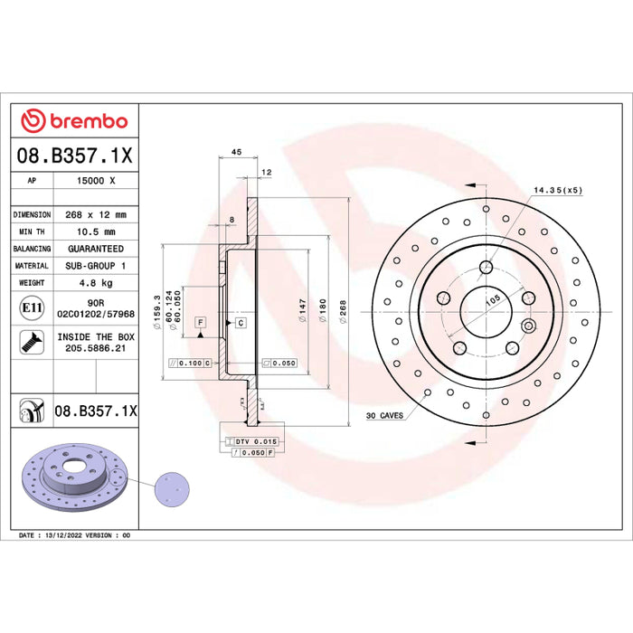 Brembo OE 2015 Chevrolet Cruze Drilled Xtra Brake Disc - Rear