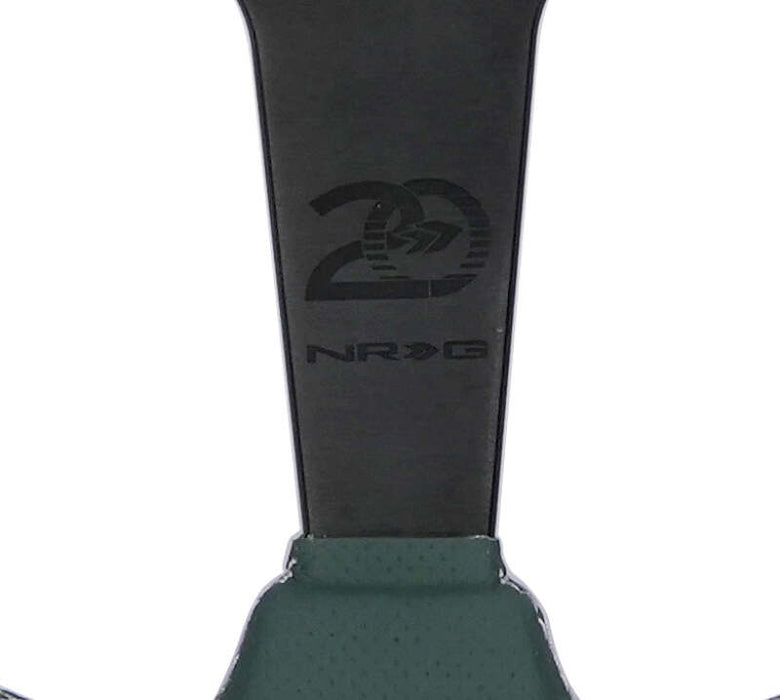 NRG Steering Wheel 1.5in Dish 350mm Black Perforated Leather - Emerald Stitching - Reinforced Spoke