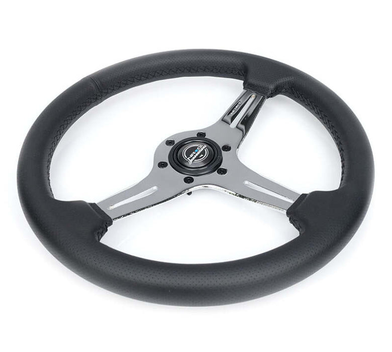 NRG Light Weight Gaming Steering Wheel - 350mm 3 Chrome Silver Spokes Perforated Leather