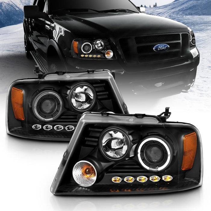 ANZO 2004-2008 Ford F-150 Projector Headlights w/ Halo and LED Black