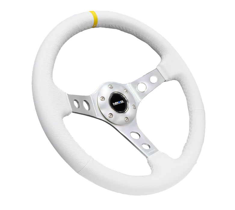NRG Reinforced Steering Wheel (350mm / 3in. Deep) White Leather w/Silver Spoke & Single Yellow Mark