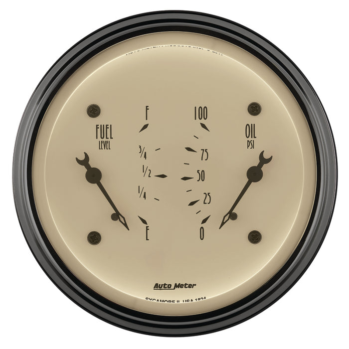 AutoMeter Gauge Dual Fuel & Oilp 3-3/8in. 0 Ohm(e) to 90 Ohm(f)& 100PSI Elec Antique Beige
