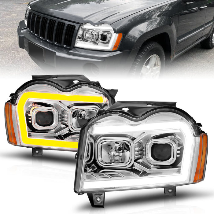 ANZO 05-07 Jeep Grand Cherokee Projector Headlights - w/ Light Bar Switchback Chrome Housing