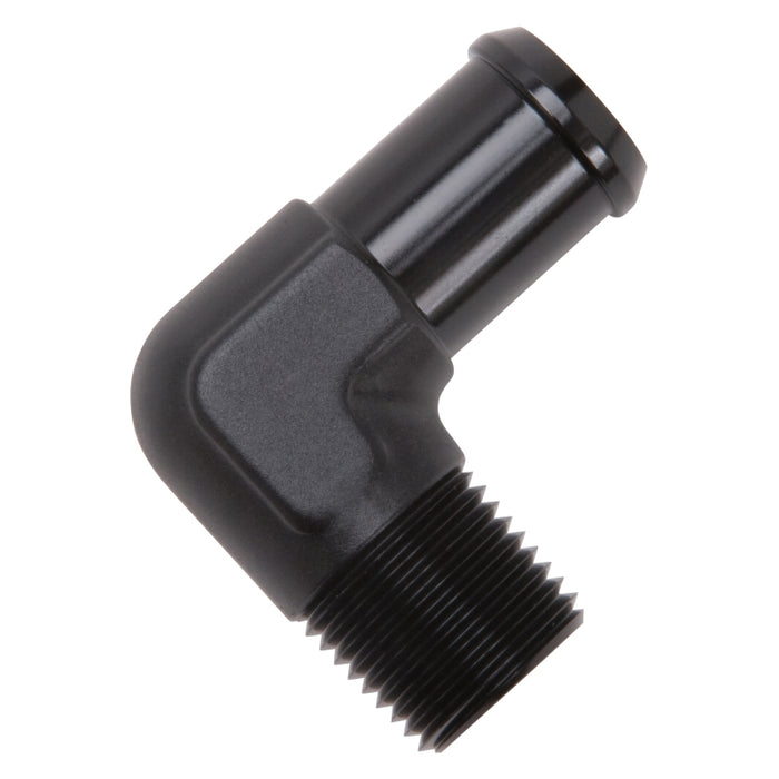 Edelbrock Hose End 90-Deg 1/2In NPT to 3/4In Barb Black Anodize