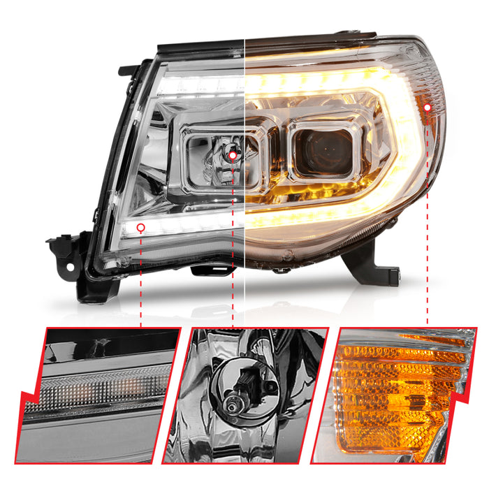 ANZO 05-11 Toyota Tacoma Projector Headlights w/Light Bar Switchback Chrome Housing