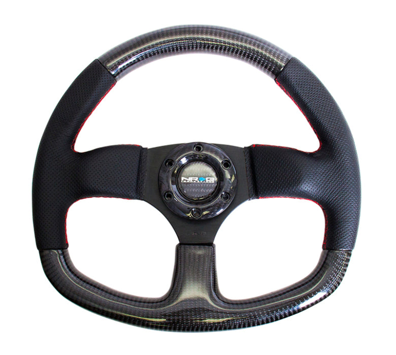 NRG Carbon Fiber Steering Wheel (320mm) Flat Bottom & Leather Trim w/Red Stitching