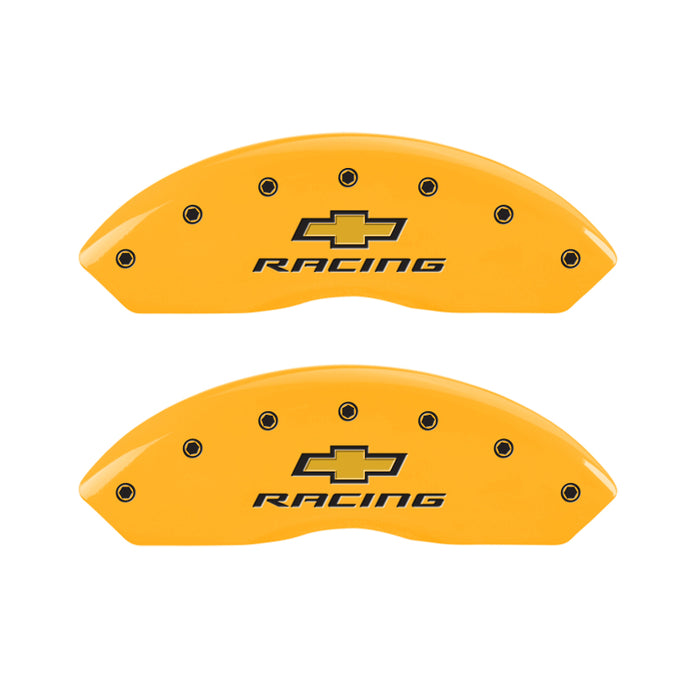 MGP 4 Caliper Covers Engraved Front & Rear Chevy Racing Yellow Power Coat Finish Black Characters