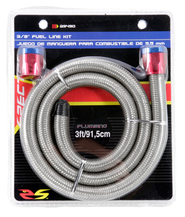 Spectre Stainless Steel Flex Fuel Line 3/8in. ID - 3ft. w/Clamps Red/Blue